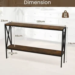 COSTWAY Smal Konsolbord i 2 Niveauer, Industriel Stil, Metalramme til Gang, Stue, Foyer, Rustik Brun
