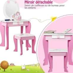 COSTWAY Sminkebord til børnebord med skammel, aftageligt spejl og 1 Princess Style Opbevaringsskuffe Pink vitt och rosa