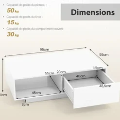 COSTWAY Sofabord - LED Lys 20 Farver - 95 x 55 x 31 CM - LED Sofabord med Stort Skuffe og Rum - Hvid Vit
