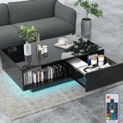 COSTWAY Sofabord - LED Lyskilder 20 Farver - 95 x 55 x 31 CM - LED Sofabord med Stort Skuffe og Rum - Sort Svart