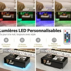 COSTWAY Sofabord - LED Lyskilder 20 Farver - 95 x 55 x 31 CM - LED Sofabord med Stort Skuffe og Rum - Sort Svart