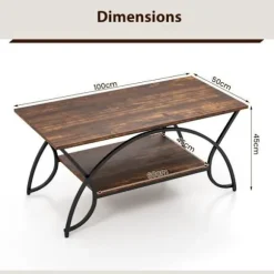 COSTWAY sofabord i industriel stil med 2 niveauer 100x50x45 CM, stuebord med metalstel, justerbare trædepuder Brun och Svart