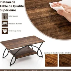 COSTWAY sofabord i industriel stil med 2 niveauer 100x50x45 CM, stuebord med metalstel, justerbare trædepuder Brun och Svart