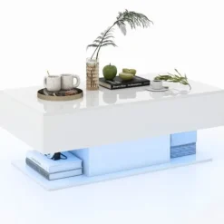 COSTWAY Sofabord med 20 farverige LED-lamper, sidebord med 22 tilstande og skuffer, fjernbetjening, glansfuld finish, hvid