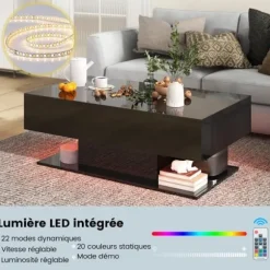 COSTWAY Sofabord med 20 Farverige LED-lys, Sidebord med 22 Tilstande og Skuffer, Fjernbetjening, Glansfuld Finish, Sort