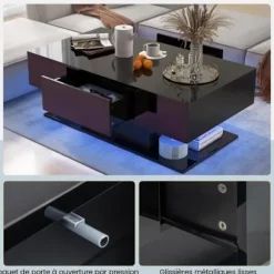 COSTWAY Sofabord med 20 Farverige LED-lys, Sidebord med 22 Tilstande og Skuffer, Fjernbetjening, Glansfuld Finish, Sort