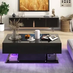 COSTWAY Sofabord med 20 Farverige LED-lys, Sidebord med 22 Tilstande og Skuffer, Fjernbetjening, Glansfuld Finish, Sort