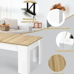COSTWAY Sofabord med Hævebord og Skuffe 98 x 50 x 42-55 CM til Stue, Mødelokale, Hvid