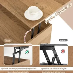 COSTWAY Sofabord med Justerbart Bordplade med 3 Rum og Skjult Opbevaring Metalben med Pneumatisk Løft
