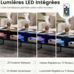COSTWAY sofabord med LED-lys, imiteret marmorplade, hærdet glas, fjernbetjening inkluderet, 4 opbevaringskuber, sort Svart