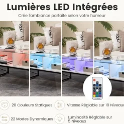 COSTWAY sofabord med LED-lys, imiteret marmorplade, hærdet glas, fjernbetjening inkluderet, 4 opbevaringskuber, hvid Vit