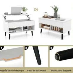 COSTWAY Sofabord med Lift Top Moderne stuebord med skjult opbevaring 2 åbne rum 80x40x44,5-58CM Hvid Vit