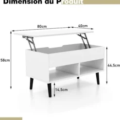 COSTWAY Sofabord med Lift Top Moderne stuebord med skjult opbevaring 2 åbne rum 80x40x44,5-58CM Hvid Vit