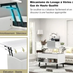 COSTWAY Sofabord med Lift Top Moderne stuebord med skjult opbevaring 2 åbne rum 80x40x44,5-58CM Hvid Vit