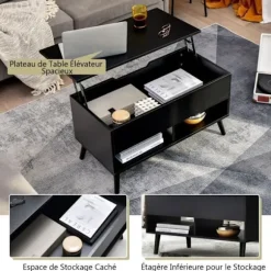 COSTWAY Sofabord med Lift Top Moderne stuebord med skjult opbevaring 2 åbne rum 80x40x44,5-58CM Sort Svart