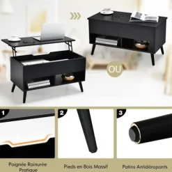 COSTWAY Sofabord med Lift Top Moderne stuebord med skjult opbevaring 2 åbne rum 80x40x44,5-58CM Sort Svart