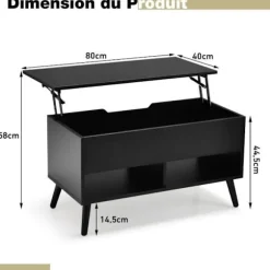 COSTWAY Sofabord med Lift Top Moderne stuebord med skjult opbevaring 2 åbne rum 80x40x44,5-58CM Sort Svart