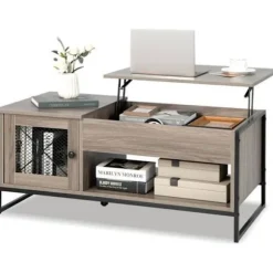 COSTWAY sofabord med pneumatisk løfteplade, 104 x 55 x 58 CM, åbne rum og 2 skabe, design med 2 døre Grå