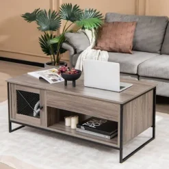 COSTWAY sofabord med pneumatisk løfteplade, 104 x 55 x 58 CM, åbne rum og 2 skabe, design med 2 døre Grå