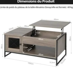 COSTWAY sofabord med pneumatisk løfteplade, 104 x 55 x 58 CM, åbne rum og 2 skabe, design med 2 døre Grå