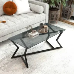 COSTWAY Sofabord, Tempereret Glasplade, Geometrisk Metalramme, Rektangulært Sidebord til Kontor Lejlighed