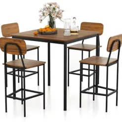 COSTWAY Spisebord Ensemble med 4 Stole og Fodskamle - Metalramme Industrielt Design til Køkken Valnød