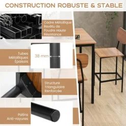 COSTWAY Spisebord Ensemble med 4 Stole og Fodskamle - Metalramme Industrielt Design til Køkken Valnød