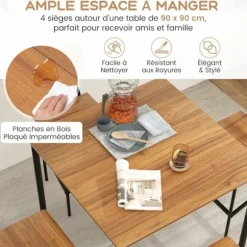 COSTWAY Spisebord Ensemble med 4 Stole og Fodskamle - Metalramme Industrielt Design til Køkken Valnød