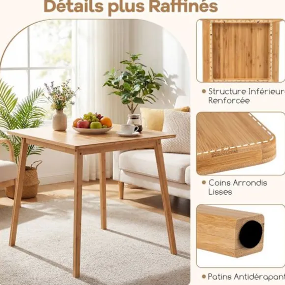 COSTWAY Spisebord Kvadratisk til 2-4 Personer i Bambus 70 x 70 x 74,5 cm til Små Rum, Lejlighed, Stue