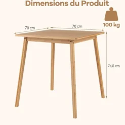COSTWAY Spisebord Kvadratisk til 2-4 Personer i Bambus 70 x 70 x 74,5 cm til Små Rum, Lejlighed, Stue