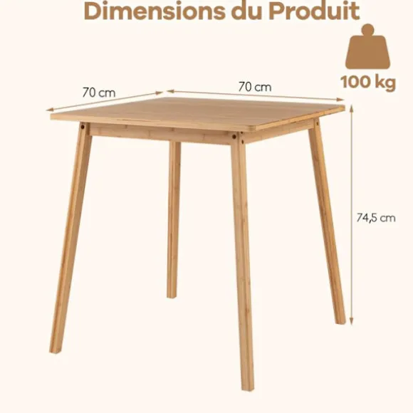 COSTWAY Spisebord Kvadratisk til 2-4 Personer i Bambus 70 x 70 x 74,5 cm til Små Rum, Lejlighed, Stue