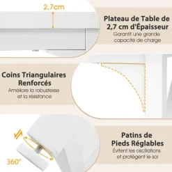 COSTWAY Spisebord på 160 CM til 6-8 Personer Rektangulært med Robuste Metalben, Moderne Stil Hvid