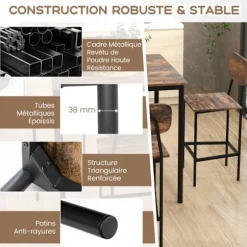 COSTWAY Spisebordssæt med 4 Stole med Fodstøtte - Metalramme i Industrielt Design til Køkken Brun
