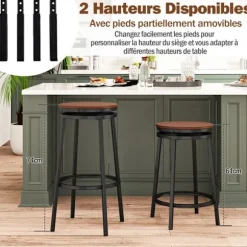 COSTWAY Sæt af 2 Drejebare Barstole i Industriel Stil, Hæjsbare 74/61 cm, Metalramme med Fodstøtte