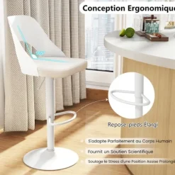 COSTWAY Sæt af 2 Ergonomiske Barstole - Justerbar Sædehøjde 63-83 cm til Køkken Bistro Hvid