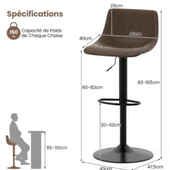 COSTWAY Sæt af 2 Justerbare Barstole med Drejefunktion 60-82cm, Polstrede med Ryg, Metalramme, til Køkken