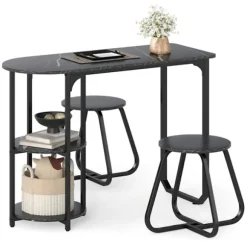 COSTWAY Sæt af Spisebord i Industriel Stil 3 PCS 110 x 45 x 78 cm med 2 Taburetter - Sort Opbevaringshylder