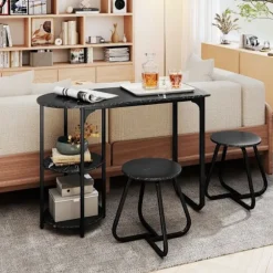 COSTWAY Sæt af Spisebord i Industriel Stil 3 PCS 110 x 45 x 78 cm med 2 Taburetter - Sort Opbevaringshylder