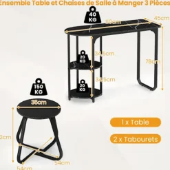 COSTWAY Sæt af Spisebord i Industriel Stil 3 PCS 110 x 45 x 78 cm med 2 Taburetter - Sort Opbevaringshylder