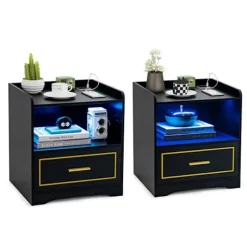 COSTWAY Sæt med 2 LED sengebord med 1 TYPE-C + 1 USB, 3 lysfarver, Smart Sensor, 45 x 40 x 50 cm, Sort Svart