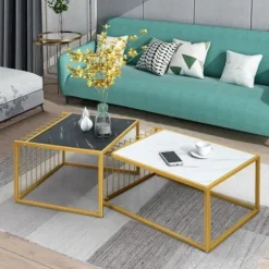 COSTWAY Sæt med 2 Marmor Print Nesting Sofaborde med Guld Metal Stel Skandinavisk Sidebord med Non-Slip Glides Svart, vit, guld