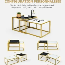 COSTWAY Sæt med 2 Marmor Print Nesting Sofaborde med Guld Metal Stel Skandinavisk Sidebord med Non-Slip Glides Svart, vit, guld