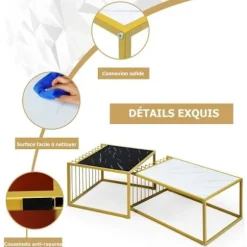 COSTWAY Sæt med 2 Marmor Print Nesting Sofaborde med Guld Metal Stel Skandinavisk Sidebord med Non-Slip Glides Svart, vit, guld