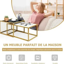 COSTWAY Sæt med 2 Marmor Print Nesting Sofaborde med Guld Metal Stel Skandinavisk Sidebord med Non-Slip Glides Svart, vit, guld
