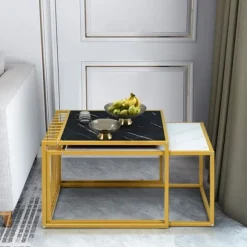 COSTWAY Sæt med 2 Marmor Print Nesting Sofaborde med Guld Metal Stel Skandinavisk Sidebord med Non-Slip Glides Svart, vit, guld