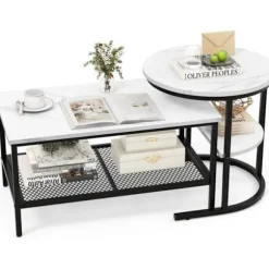 COSTWAY Sæt med 2 Scandinavian Nesting Sofaborde - Marmor Print Sidebord - Sort metalstel, justerbare fodstøtter Svart+vit