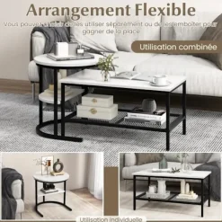 COSTWAY Sæt med 2 Scandinavian Nesting Sofaborde - Marmor Print Sidebord - Sort metalstel, justerbare fodstøtter Svart+vit
