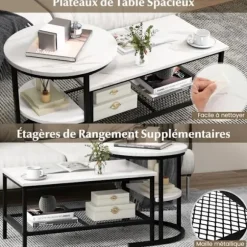 COSTWAY Sæt med 2 Scandinavian Nesting Sofaborde - Marmor Print Sidebord - Sort metalstel, justerbare fodstøtter Svart+vit