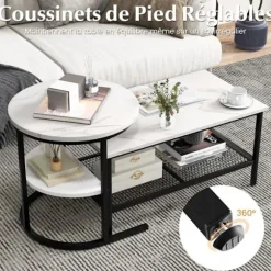 COSTWAY Sæt med 2 Scandinavian Nesting Sofaborde - Marmor Print Sidebord - Sort metalstel, justerbare fodstøtter Svart+vit