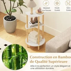 COSTWAY Sæt med 2 Sideborde Dia.30 x H60,5 cm i 3 Niveaux - Opbevaringshylder og Bambusstruktur til Stue, Soveværelse